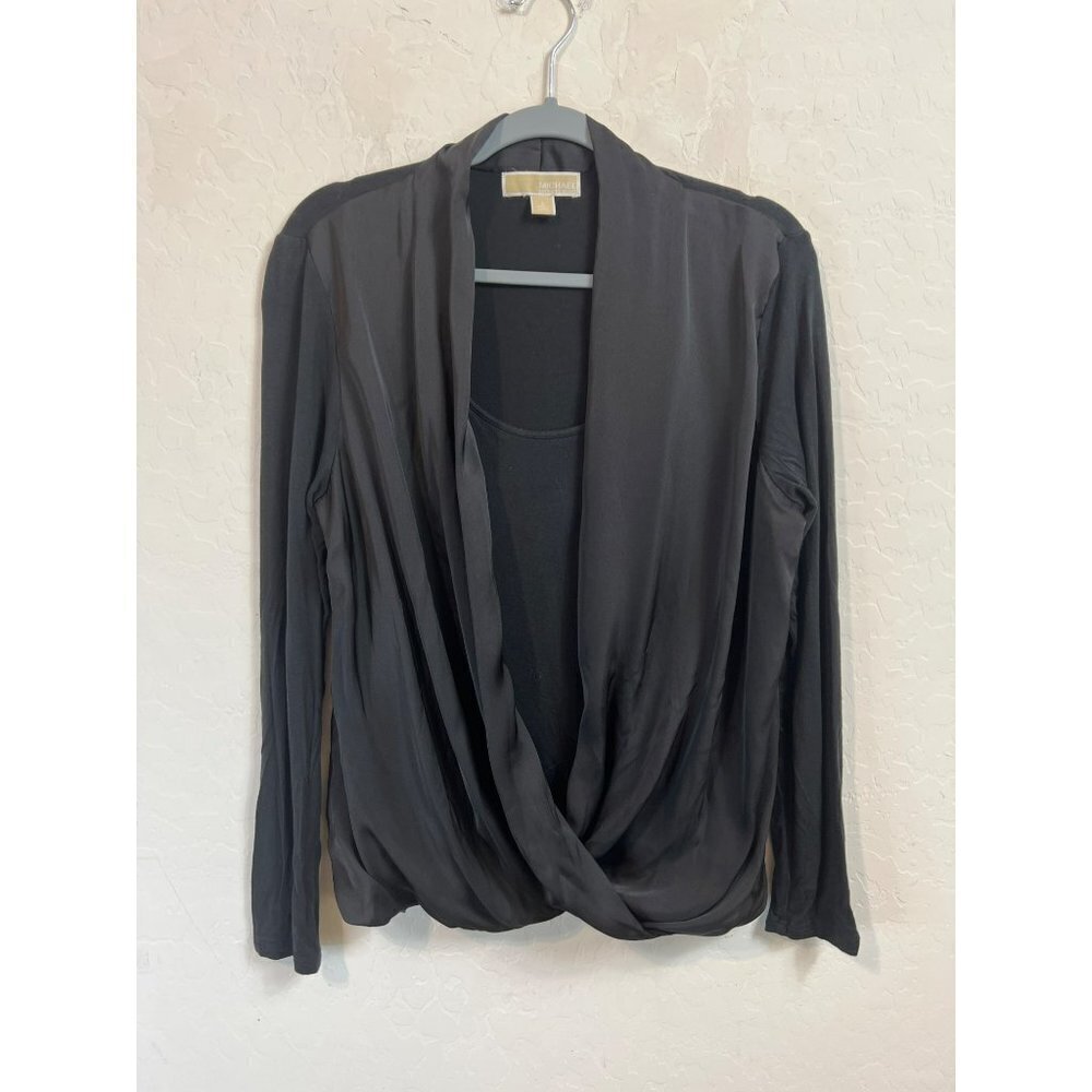 Michael Kors Sz L Shawl Collar Double Layered Dressy Blouse Stunning Silky Satin